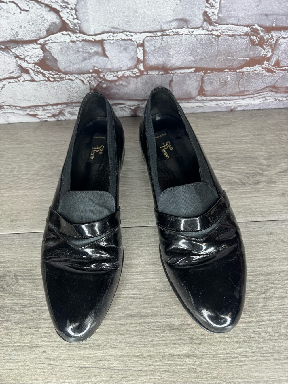 San Remo Black Patent Leather Tuxedo Penny Loafers Dress Shoes Men 10.5M US/44EU